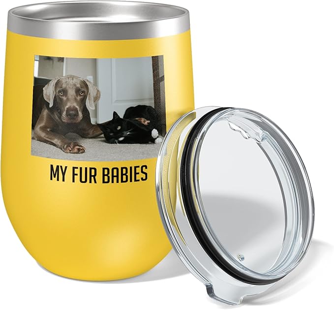 Personalized 12oz (17 Colors) Mother's Day Photo Picture Printed Insulated Stainless Steel Powder Coated Stemless Wine Tumbler with Lid, Customized Gift Idea for Her, Coach Gifts Team Mom Dad (Yellow)