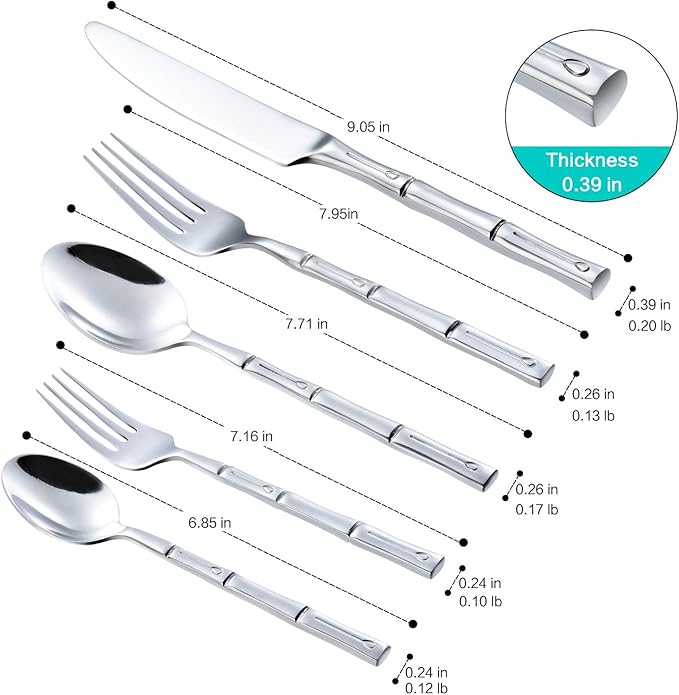 Flatware Set Silverware Set Stainless Steel Cutlery Set Bamboo Pattern Mirror Finished 60 Pieces Party Event Use Wedding Housewarming Gift Service for 12