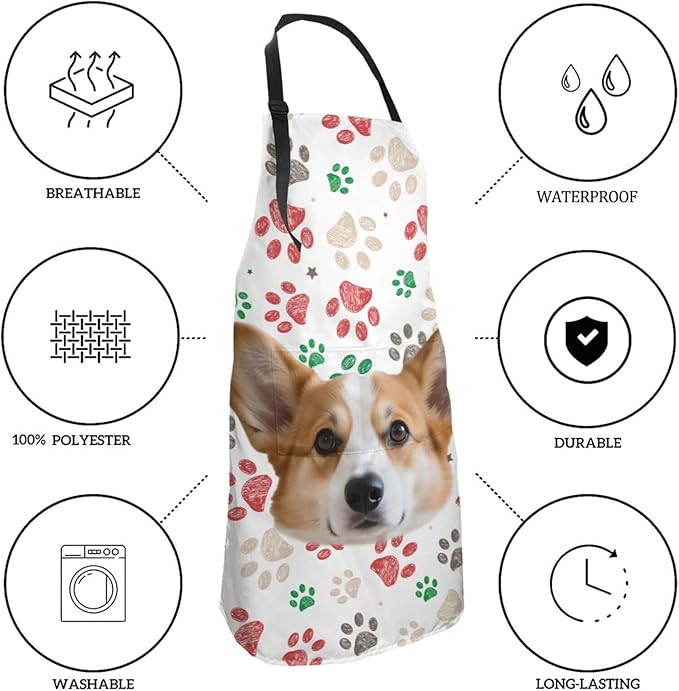 Custom Dog Face Apron for Men Women, Personalized Photo Bib Apron with Pockets, Customized Chef Aprons