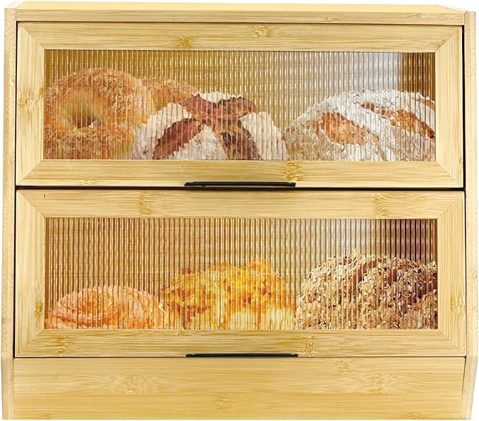 Thick&Thin Bread Box for Kitchen Countertop, Wooden Bread Storage For Kitchen Organizers, Large Capacity With Window Homemade Bread Bin, Double Layer Corner Bread Box