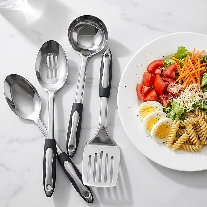4-Piece Cooking Spoons Set, Serving Spoons Set, Stainless Steel Kitchen Cooking Utensil Sets, Slotted Spoon, Ladle, Turner, Serving Spoon, Commercial and Residential Use