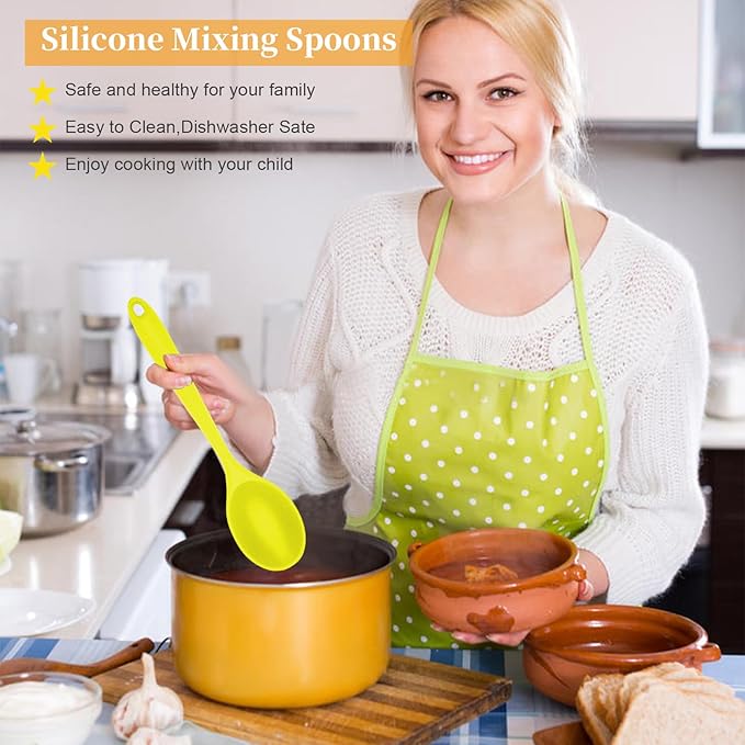 2 Pcs Silicone Nonstick Mixing Spoon,10.6Inch Silicone Spoons for Cooking Heat Resistant, Cooking Utensil for Kitchen Cooking Baking Stirring Serving (Yellow)