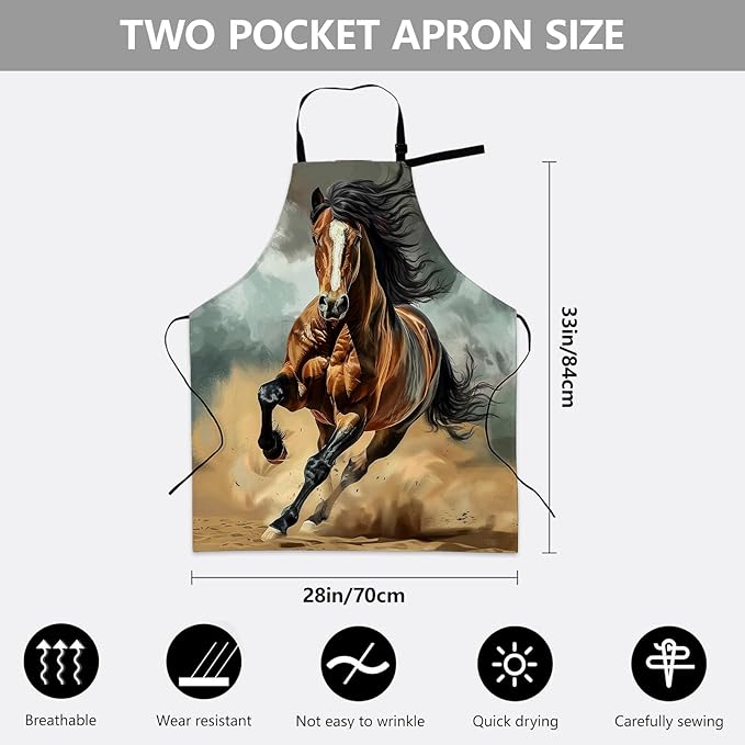 Majestic Horse Apron, Adjustable Kitchen Dynamic Desert Scene Design Aprons with Pockets for Cooking BBQ Gardening, 28×33 IN, Holiday Gifts for Women Men Wife, for Chef Baking, Oxford Fabric