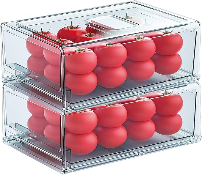 YekouMax Fridge Drawer Organizer - 2 Pcs Pull-Out Cabinet Storage Containers For Fridge, Freezer, Pantry Organizer for Kitchen Storage & Organization Sets, 11.81" Long
