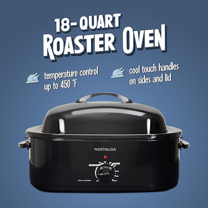 HomeCraft Nostalgia Electric Roaster Oven, 18-Quart Capacity for Turkey, Chicken, Meat, Vegetables, Full-Range Temperature Control, Lift-Out Rack, and Removable Enamel Pot Included, Black
