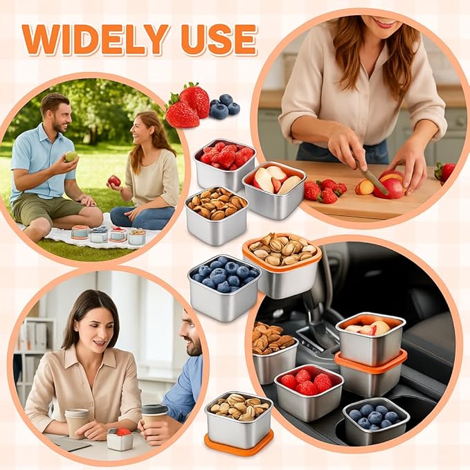 8 Pack Stainless Steel Small Storage Containers with Silicone Lids, 6oz Reusable Mini Portion Cups, Leak-Resistant Metal Containers for Snacks, Sauce, Meal Prep & On-the-Go