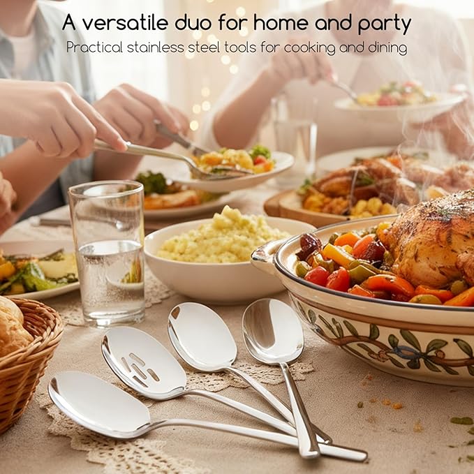 SOLEADER Extra Large Serving Spoons Set,12 Inch Stainless Steel,Cooking Spoon,Pasta Spoon,Buffet Serving Utensils,Spoons Silverware,Foodgrade 18/8 Stainless Steel,Pack of 6