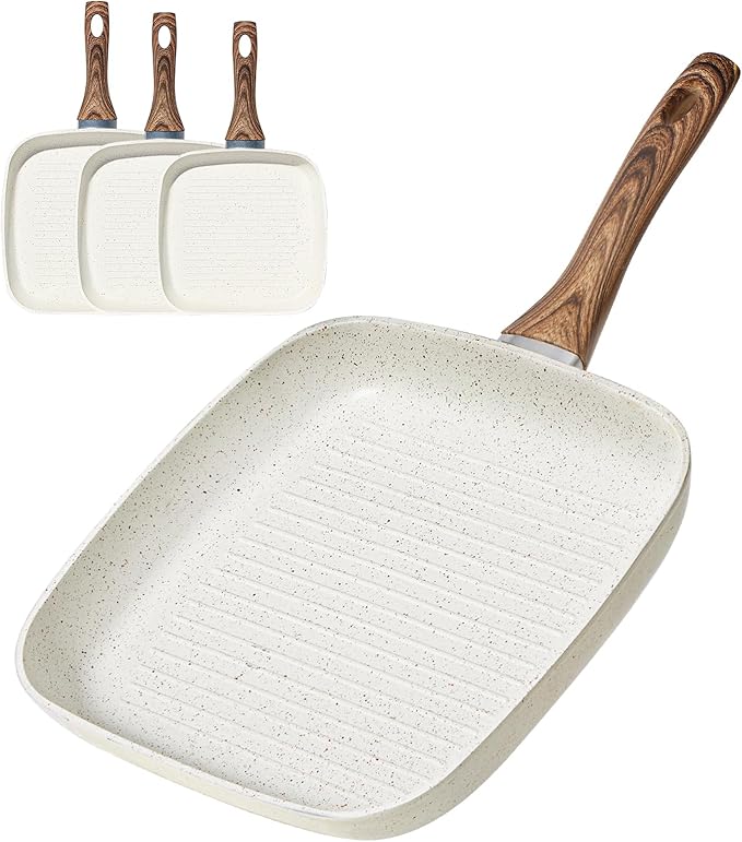 Nonstick Grill Pan Set – 3 Pieces Square Griddle Pans with Wooden Handle, Compatible with All Stovetops, Perfect for Steak, BBQ, Vegetables (9.5", 10.2", 11") White