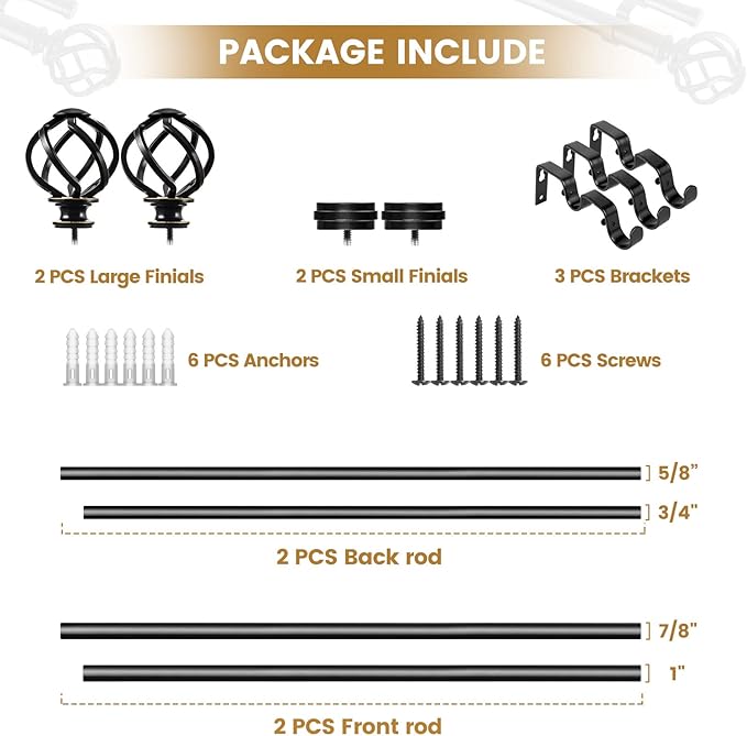 KAMANINA 1 Inch Double Curtain Rods 36 to 72 Inches (3-6 Feet) Window Telescoping Drapery Rod, Black Heavy Duty Curtain Rods for Windows, Twisted Cage Finials