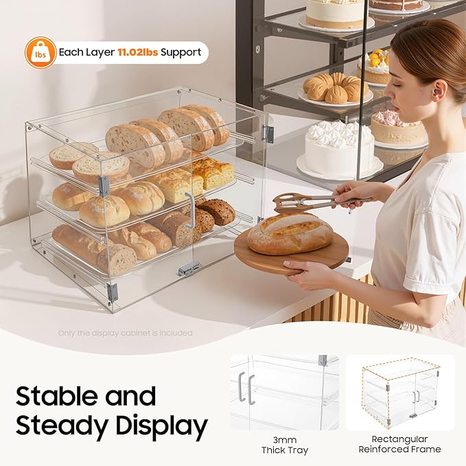 Pastry Display Case, 3-Layer Bread Box For Kitchen Countertop, Clear Bread Storage Container with Magnetic Door, Large Bread Holder Bakery Display Case for Bagel Muffins, 21.3x17.3x16.5 Inch