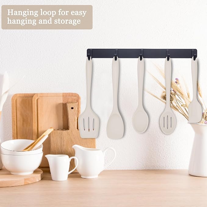 E-far Silicone Cooking Utensils Set, 24Pcs Heat Resistant Kitchen Utensil with Holder, Silicone Kitchen Tools with Spatula Turner Spoon Tongs Whisk, Non-Toxic & Dishwasher Safe (Khaki)