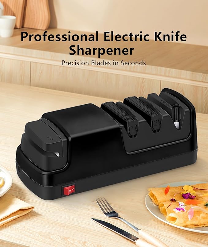 Professional Electric Knife Sharpener – Precision Sharpening for Kitchen Knives, Scissors & More – Diamond Abrasives & 3-Stage System (Black)