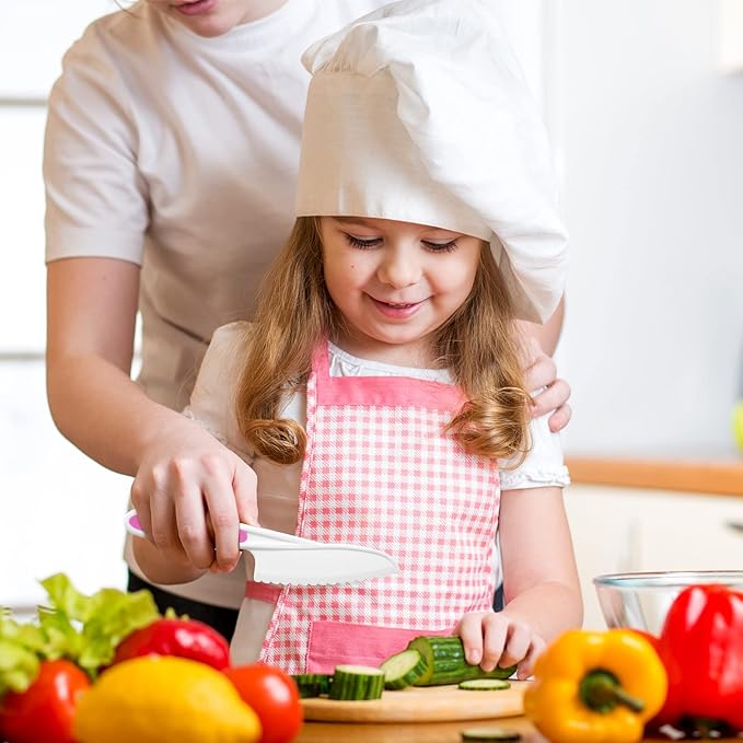 7 Pieces Wooden Kids Kitchen Knife Include Wood Kids Knife Plastic Potato Slicers Cooking Knives Serrated Edges Toddler Plastic Resistant Gloves for Kitchen Children
