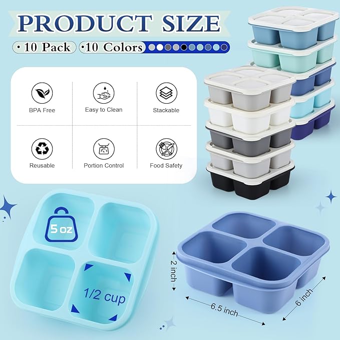 Honeydak 10 Pack Snack Container 4 Compartment Reusable Bento Snack Boxes Divided Lunch Containers with Lids Meal Prep Lunch Food Storage Boxes for School Work Travel (Glacier Color)