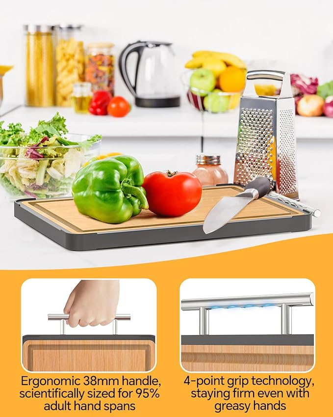 Cutting Boards for Kitchen - Food Grade Double Sided Pure Stainless steel& Bamboo Chopping Board with Handle, Slip resistant Non-toxic Charcuterie Board Housewarming Gifts (15.5×10)