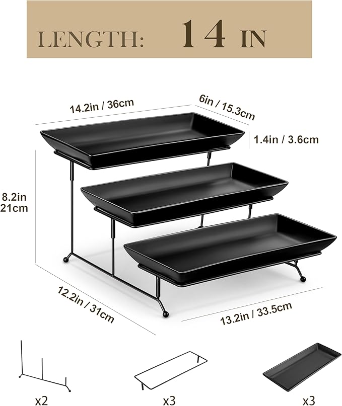 MALACASA 3 Tier Serving Trays for Party, Stoneware Serving Platters and Trays, 14 Inch Tiered Tray Stand, Fruit Tray, Trays for Serving Food, Black Dessert Stand with Collapsible Sturdier Metal Rack