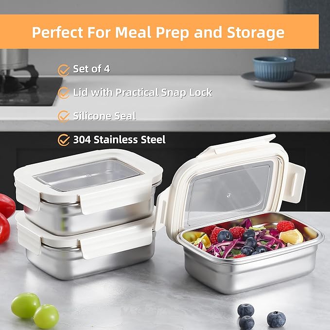 BEFOY Stainless Steel Snack Food Storage Container with Lids 4PCS 22.8OZ Leak Proof & Airtight Bento Box Lunch Container for Kitchen Meal Prep freezer Rectangular,Reusable & Stackable(white)