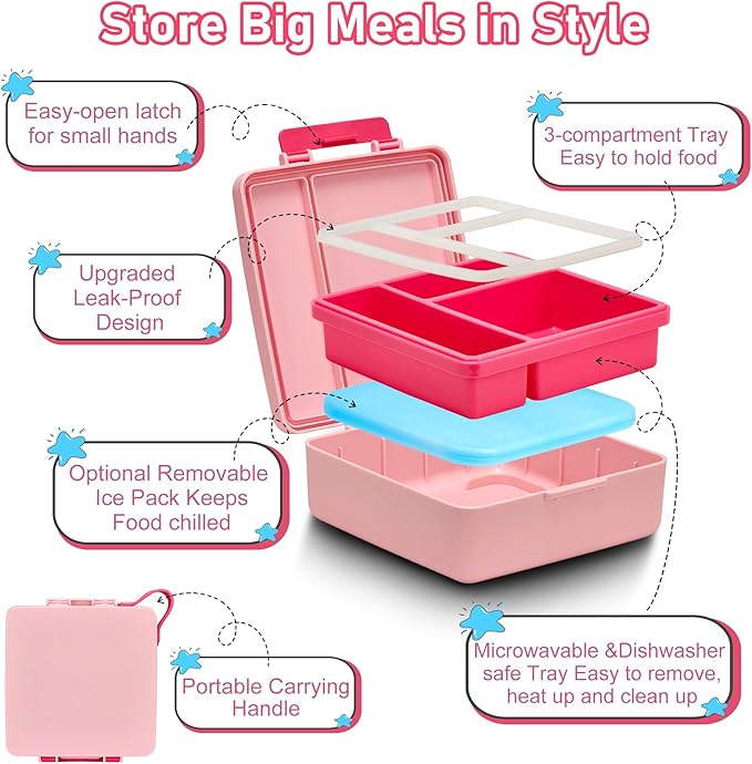 Chill Bento Lunch Box for Kids Adult with Ice Pack,Leak Proof 3 Compartments Lunch Container for Kids,Ice Pack Detachable Bento Box,BPA Free,Dishwasher & Microwave Safe-Pink
