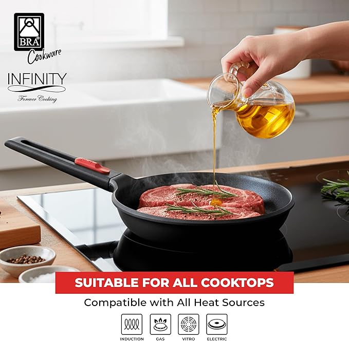 BRA COOKWARE Infinity Nonstick Frying Pan | 9.5-Inch Cast Aluminum Skillet | PFOA/PFAS Free Fry Pan | All Cooktops (incl Induction) Searing Skillet | Oven Safe up to 425°F (w/o Removable Handle)