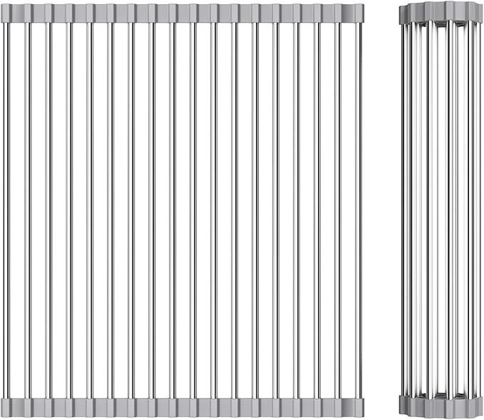 Foldable Over Sink Dish Drying Rack - Stainless Steel Sink Drain Rack with Silicone Edges, Roll-Up Storage for Kitchen, RV, Dorm Sinks (18.5×13.7 in)
