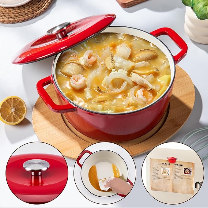 Enamel Cast Iron Dutch Oven with Lid,Dual Handles,Heavy-Duty Cookware for Sourdough Bread Baking,Braising,Stews,Roasting,Oven Safe up to 500° F,5QT,red