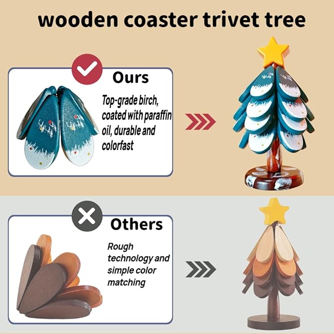 Tree Trivet Set - Wood Coasters Resistant Trivets for Hot Dishes & Pans - Christmas Decorations - Kitchen Appliances & Dining Room Decor - Birch Material Coasters Set of 4