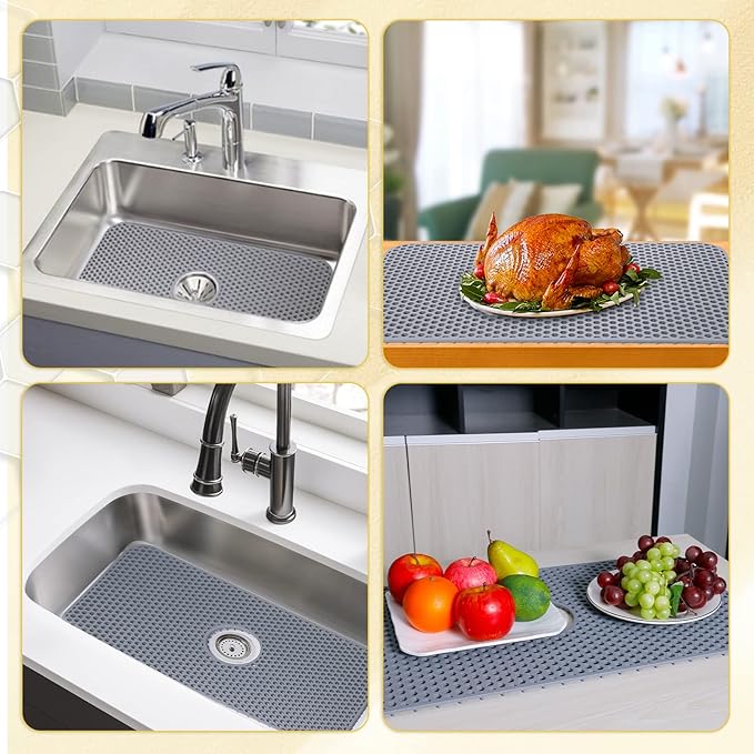 Silicone Sink Mat, 26'' x 14'' Protectors for Kitchen Sink with Center Drain, Kitchen Protector Accessory, Non-Slip Grid Mat for Bottom of Farmhouse Porcelain Stainless Steel(Center Hole)