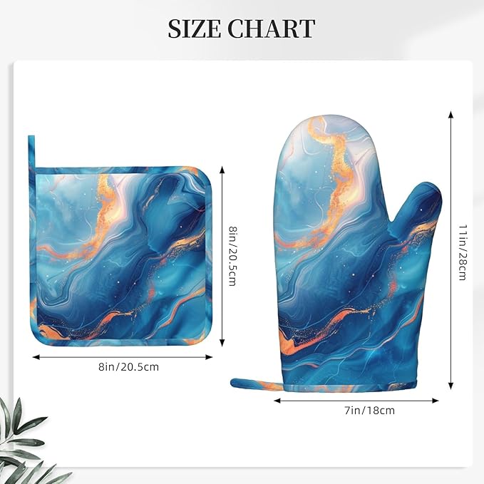 Oven Mitts and Pot Holders Blue Gold Marble Silicone Kitchen Accessories Set of 4 Heat Resistant Long Gloves Potholder Non-Slip Grip for Chef Cooking Baking Grilling BBQ