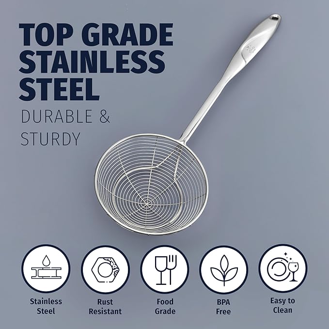 Zulay Kitchen Premium Stainless Steel Skimmer Strainer Ladle - 15” Large Straining Spoon for Frying, Boiling & Blanching - Durable, Rust-Resistant & Heat-Proof Kitchen Tool for Everyday Use