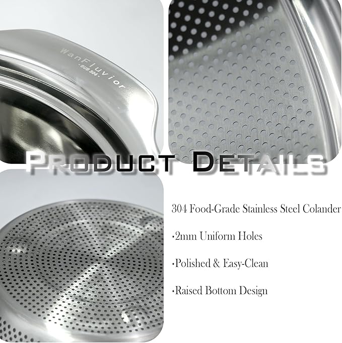 2PCS 3.5-Quart Kitchen Strainer Colander Made of 304 Stainless Steel with Handle Ideal for washing fruits, vegetables, and pasta Easy to clean