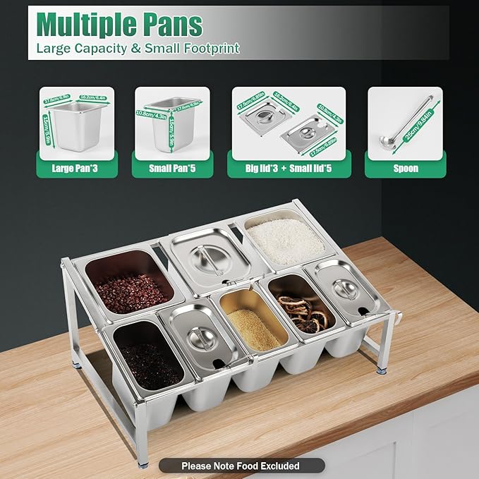 Expandable Spice Rack, 2-Tier Stainless Kitchen Spice Rack Organizer, 5x1/9 Pans + 3x1/6 Pans, Organizer Shelf with Lid, Countertop Holder for Spices Sauce Ingredients Fruits -8 Pans