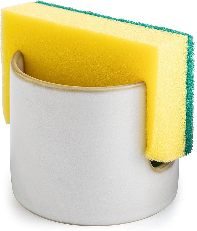 Sponge Holder for Kitchen Sink, Ceramic Dish Sponge Drying Caddy Scrubby Daddy Kitchen Organizer Cute Dish Rack for Sink Counter, Beige White