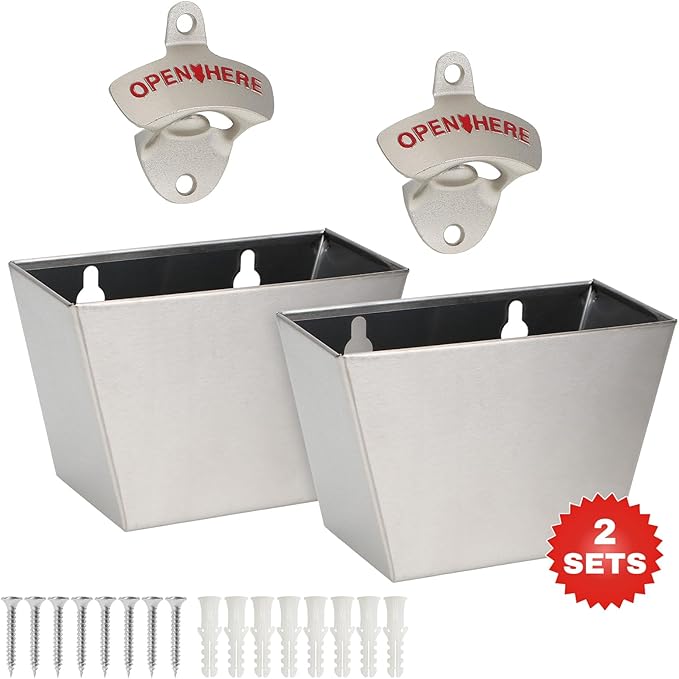 kilofly 2 SETS Beer Bottle Opener Cap Catcher Bucket Man Cave Gift Wall Mounted