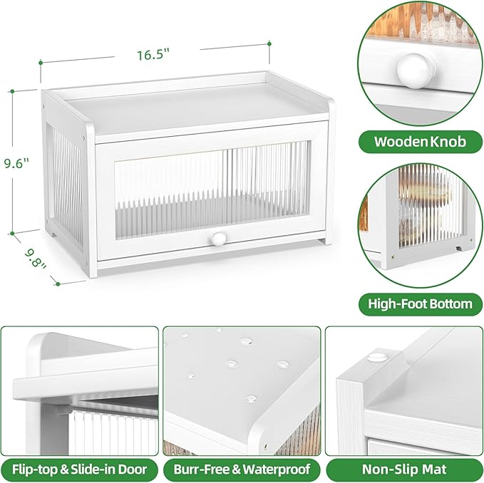 BAMBANG Bamboo Bread Box for Kitchen Counter, Large Capacity Bread Storage Container Farmhouse Bread Box with 3 Sides Wavy & Back Clear Window, Breadbox Bread Bin Holder for Homemade Bread, White