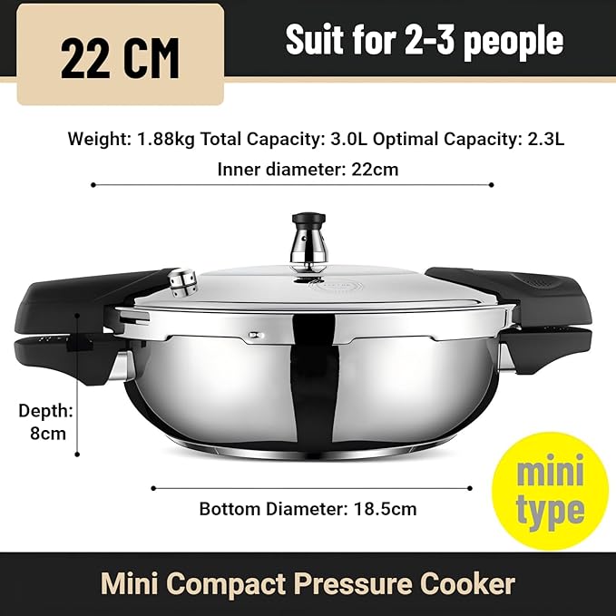 Stainless Steel Pressure Cooker Mini Compact Pressure Cooker,3 Liters Rapid Heat Conduction Pots for Electric Gas Stoves (22CM)