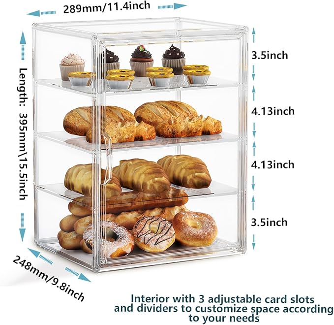 4-Tier Pastry Display Case,Large Bread Box for Kitchen Countertop, Adjustable Bread Storage Container, Bakery Display for Bread, Cookies, and Donuts, Size 15.5 * 11.4 * 9.8 Inch