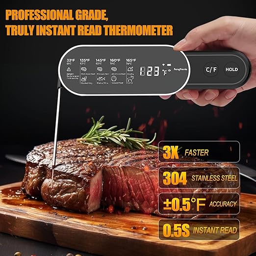 Rechargeable Meat Thermometer Digital with Ultra-Fast 0.5 Sec Instant Read, NIST Certified ±0.5°F Accuracy, Auto-Rotating Backlight Display, IP67 Waterproof, Oven Safe for Grill, BBQ, Smoker, Candy