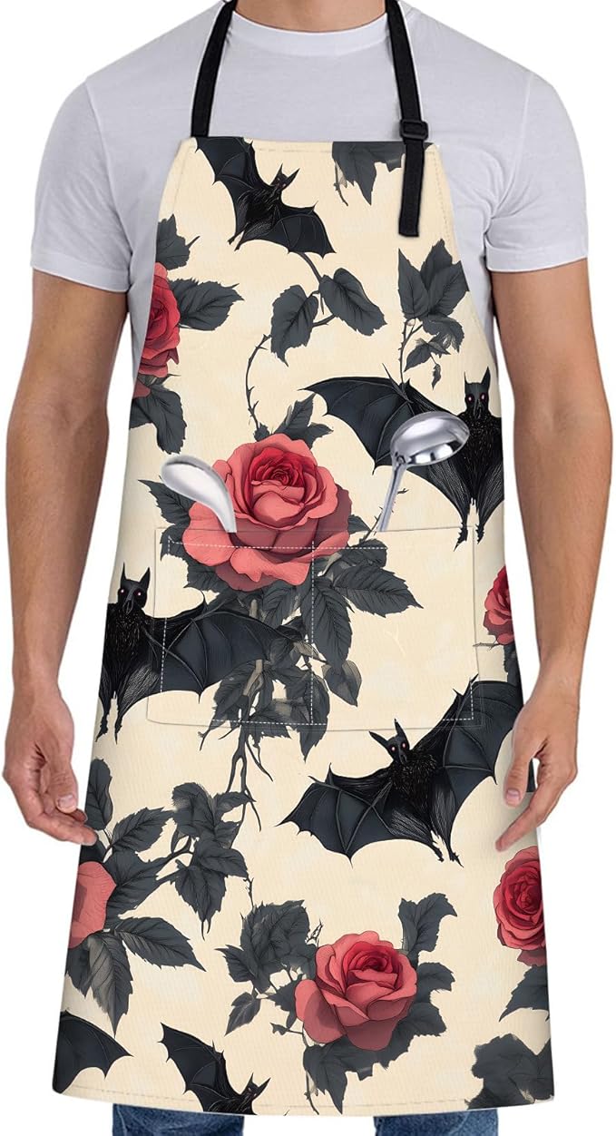 Cute Black Bat Apron for Women with Floral,28x33in,Gothic Kitchen Aprons with 2 Pockets, Oxford Fabric, Goth Halloween Adjustable Apron for Cooking Baking Gardening Chef,Gifts for Mom Wife