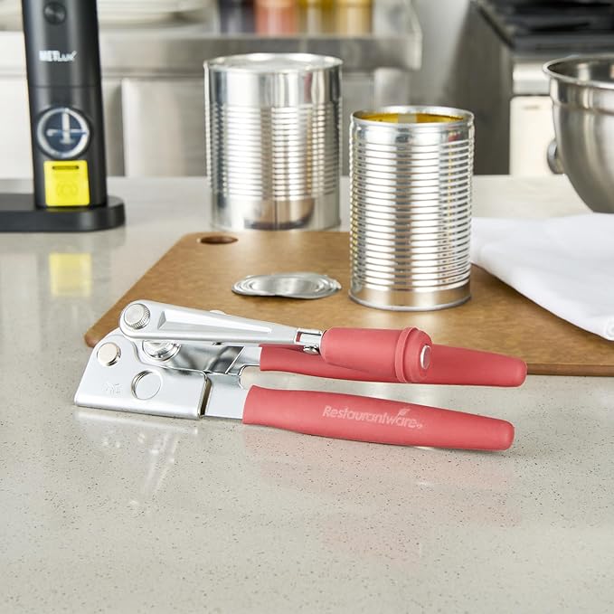 Restaurantware Stainless Steel Magnetic Manual Can Opener - 6 Pack - German Standard Red Crank Can Opener with Magnet, Ergonomic Handles, Non-Slip - Heavy-Duty Hand Can Opener, Easy Turn, Sharp Blade