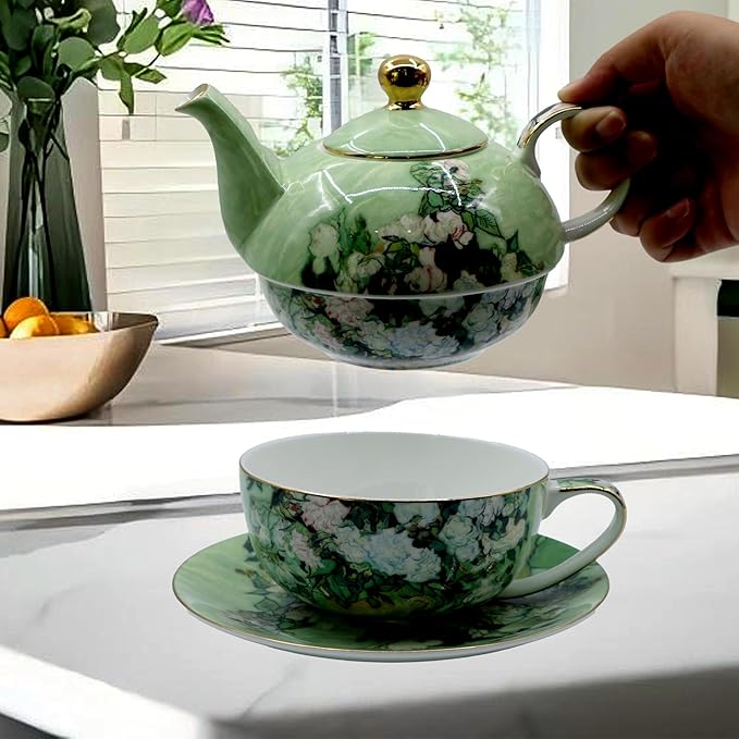 Porcelain 13 OZ Tea for One Teapot and Cup Set Vintage Floral Ceramic Tea Set European Style Tea pot and Saucer Set (White Roses)