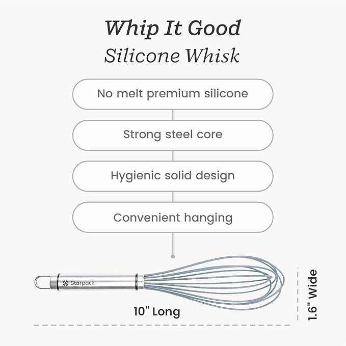 Starpack 'Whip it Good' Silicone Whisk for Nonstick Cookware - Non Scratch, 9.8" Whisk Heat Resistant 600°F - Kitchen Whisks for Cooking, Baking & Stirring - Silicone Coated Durable Rubber Egg Whisks