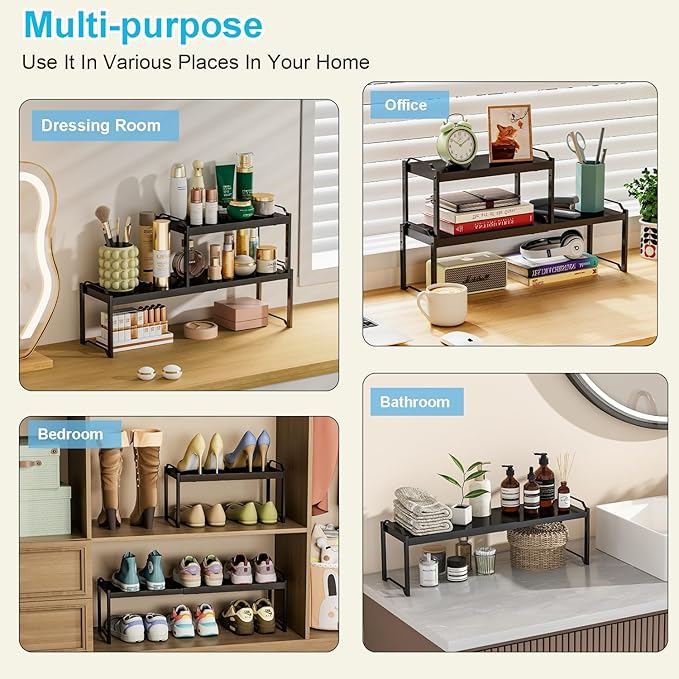 15.5 to 25.5 Inch Kitchen Cabinet Shelf Organizers, Adjustable Kitchen Counter Shelf Organizer, Set of 4 Expandable Countertop Storage Shelves, Stackable Design, 30LBS Heavy Duty, Space Saver