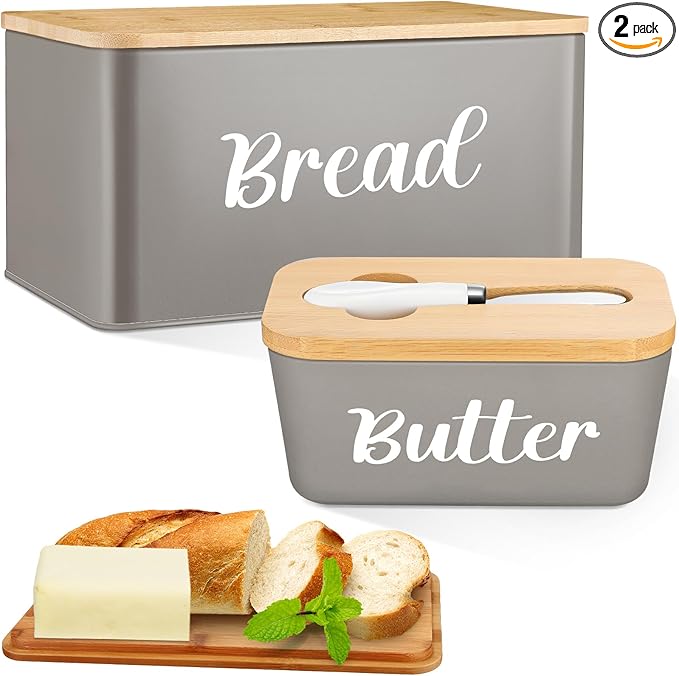 Hushee Metal Bread Box and Butter Dish with Bamboo Cutting Board Lid and Knife Bread Storage Container Breadbox for Kitchen Counter Butter Organizer for Kitchen Countertop Decoration(Gray)
