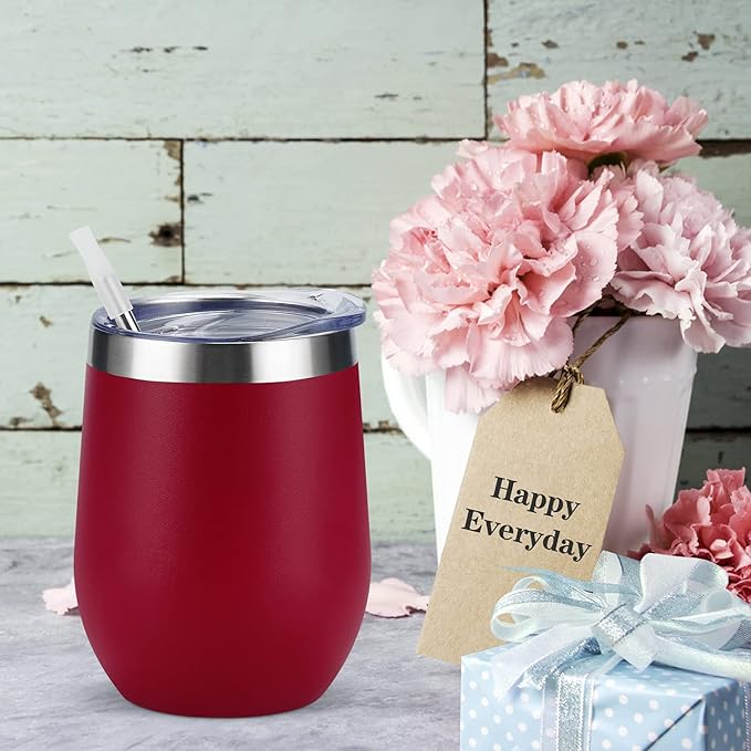 12 Pack Stainless Steel Wine Tumblers, 12Oz Double Wall Vacuum Insulated Wine Tumblers with Lids and Straws, Stainless Steel Stemless Wine Glasses for Coffee, Wine, Cocktails, Champaign, Wine Red…