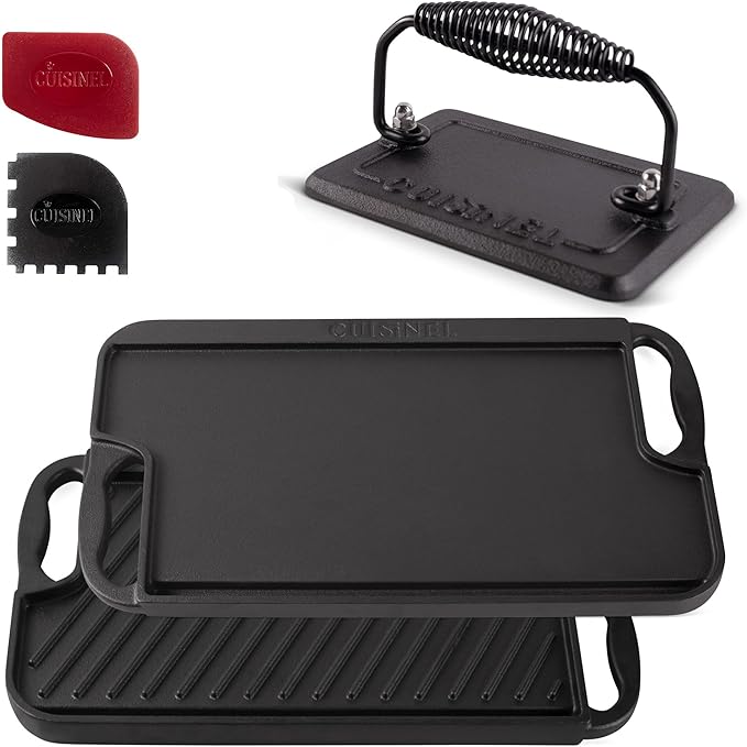 Cuisinel Cast Iron Griddle/Grill + Burger Press + Pan Scrapers - Reversible Pre-Seasoned 16.75" X 9.5"-inch Dual Handle Flat Skillet and Griller Pan + Cleaning Accessories - Use Indoor/Outdoor Stove