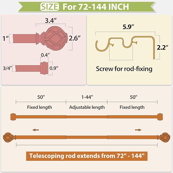 KAMANINA 1 Inch Double Curtain Rod 72 to 144 Inches (6-12 Feet), Gold Curtain Rods for Windows 66 to 120, Heavy Duty Telescoping Drapery Rod with Twisted Cage Finials