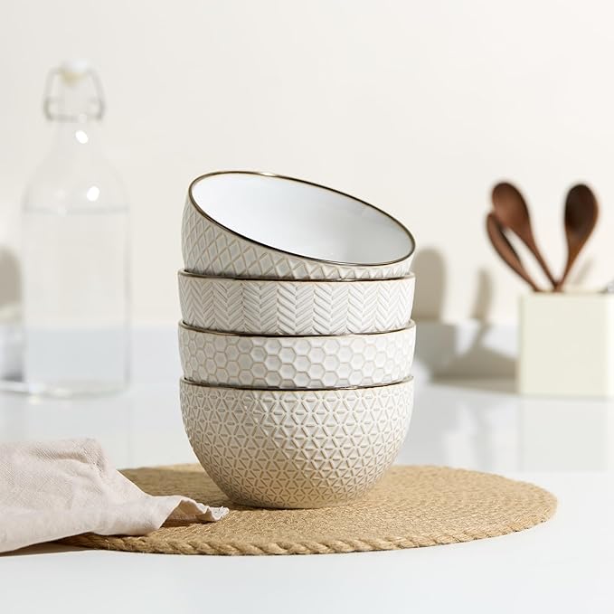 KooK Soup Bowls, Embossed, Ceramic Bowl, for Soup, Cereal and Poke, Microwave & Dishwasher Safe, Cream with Dark Copper Accents, Set of 4, 26 oz, Narbonne Collection