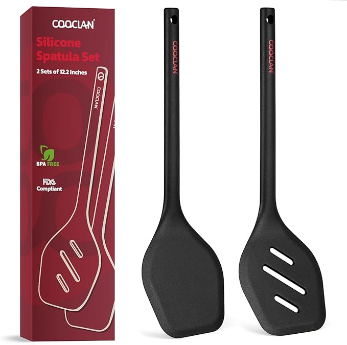 Pack of 2 Silicone Spatula Turner Set, Heat Resistant BPA-Free Silicone Kitchen Spatula Set for Non-Stick Pans, One-Piece Design Solid & Slotted Turner Ideal for Flipping Eggs, Pancakes, Black