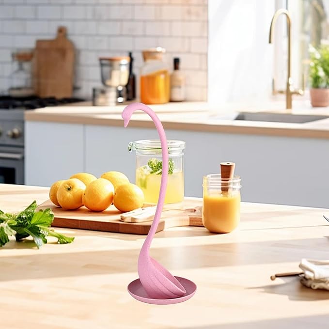 Swan Shaped Soup Ladle, Practical PP Material Long Handle Soup Spoon with Tray Lightweight Large Capacity Swan Shaped Soup Ladle for Home Kitchen (Pink)