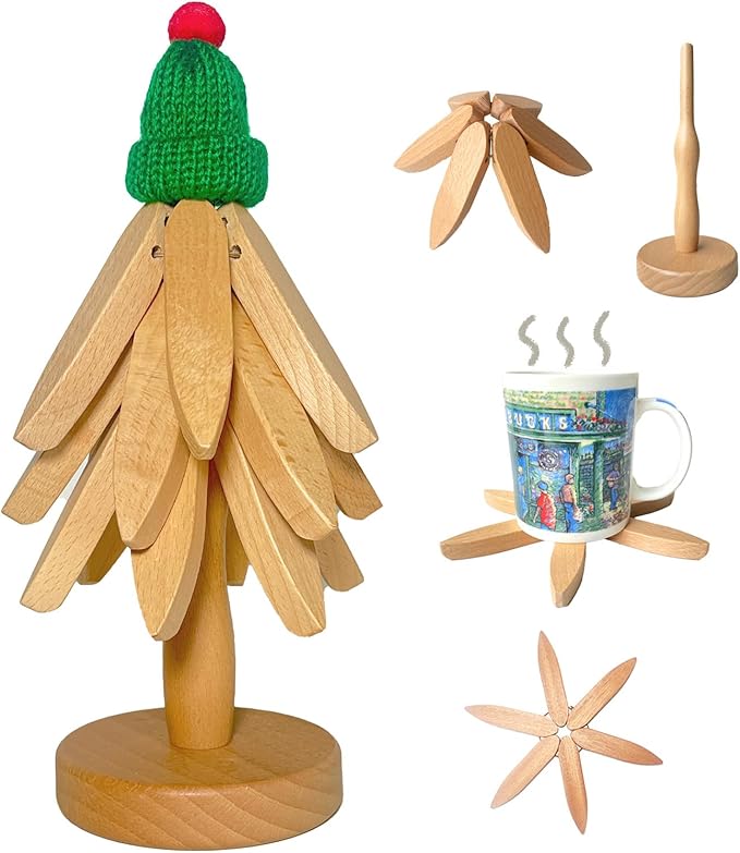 Wooden Tree Trivets for Hot Dishes, Artisanal Wood Coasters Trivet Set, Wooden Tree Trivet Set of 3 Natural Trivets+1 Stand